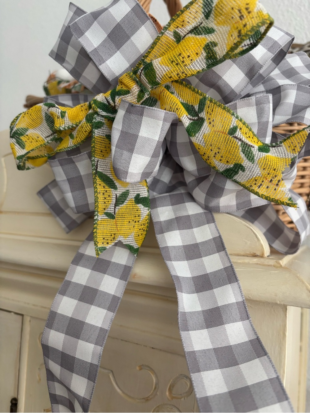 Gray Bow Country Wreath Gingham Lemon DIY Ribbon Bow - Hand Crafted Final Sale